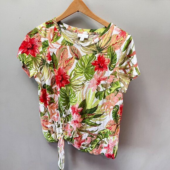 J.Jill Love Linen XS Petite Tropical Floral Print Blouse 100% Linen Tie-Front Sh - Picture 1 of 4